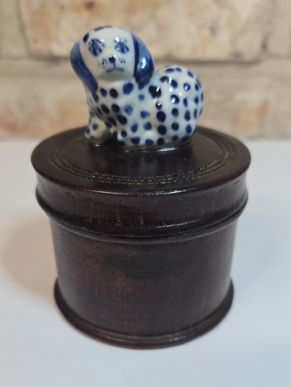 Hand Crafted in Thailand Round Wooded Trinket Keepsake Box with Ceramic Dog Top